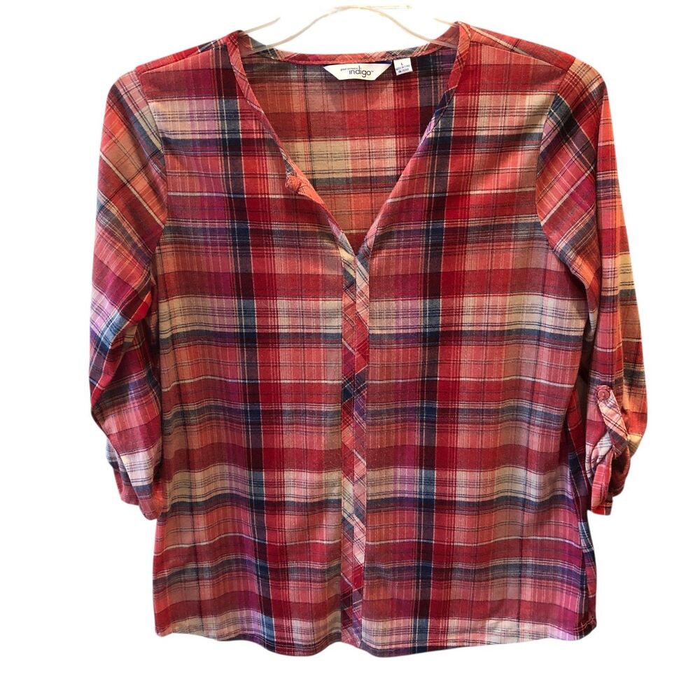 Great Northwest Indigo Womens Large Red Plaid Roll Tab Sleeve V Neck Shirt Top L